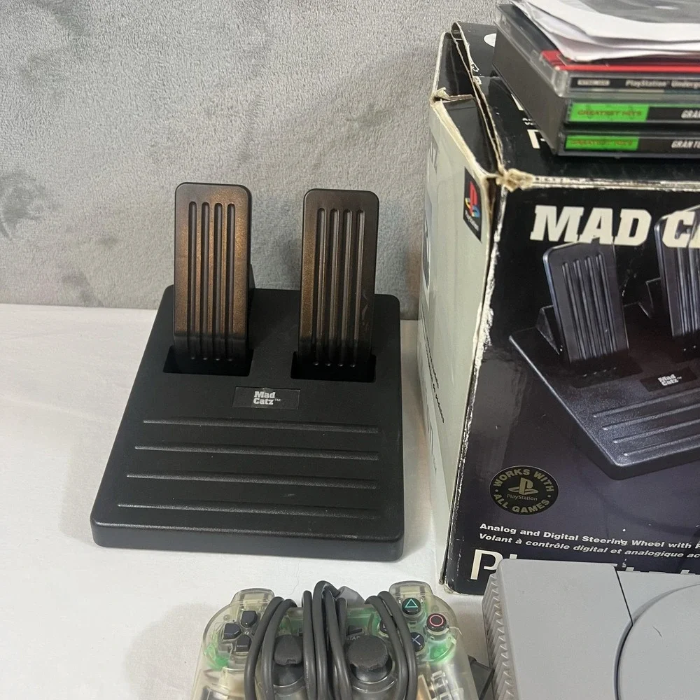 Sony PlayStation 1 SCPH-5501 Console Mad Catz Wheel Pedals PS1 7 Disc Lot